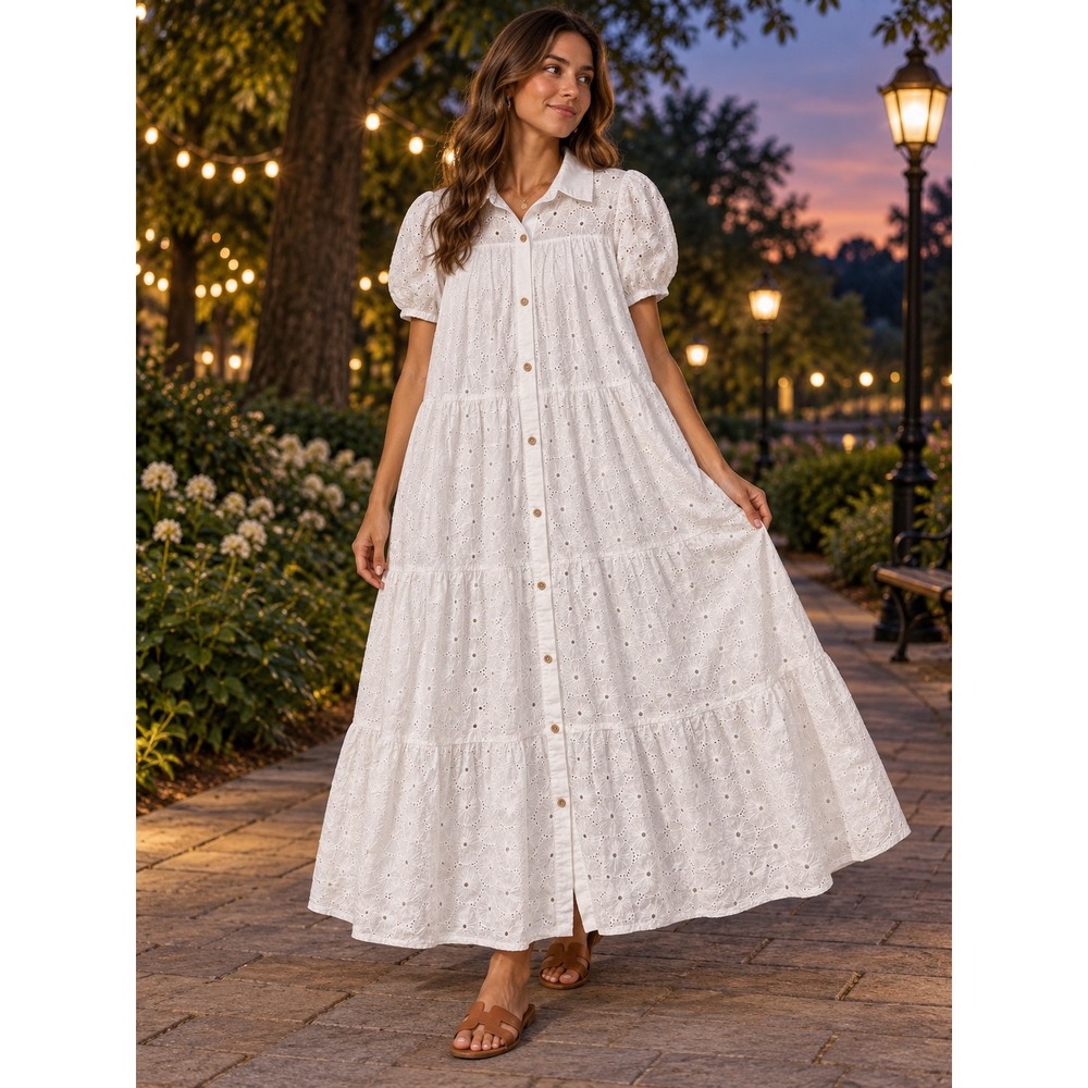 Happy Threads Womens White Cotton Eyelet Tiered Button Front Maxi Dress Small
